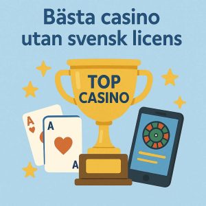 Illustration med ljusblå bakgrund som visar en vinnarpokal med texten "Top Casino", omgiven av stjärnor, spelkort, och ett mobilcasino – en symbol för bästa online casino utan svensk licens 2026 utifrån spelutbud, bonusar och snabb registrering.